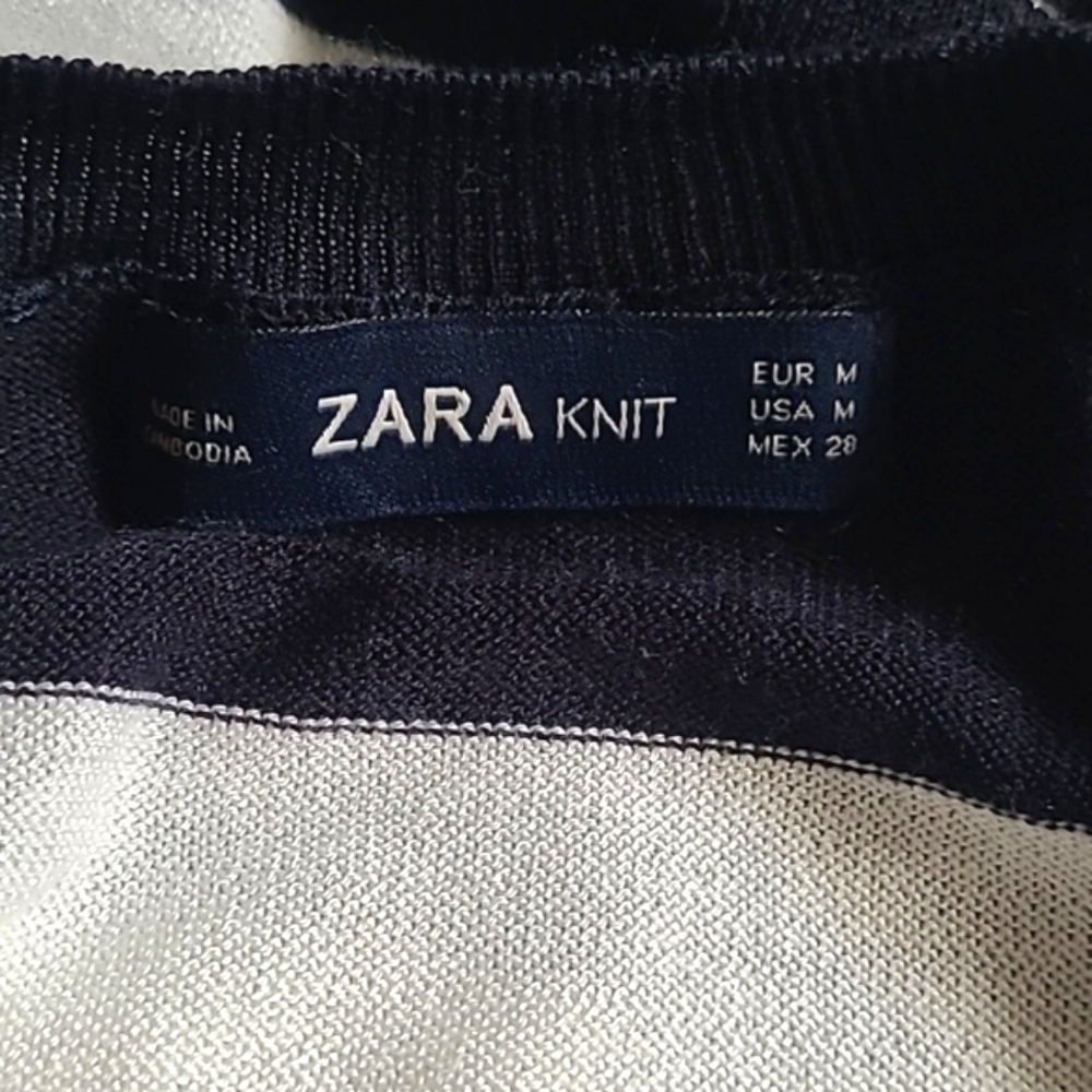 ZARA Striped Navy and White Knit Sweater with Red Accents - Picture 6 of 9